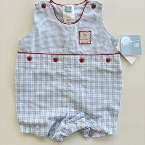 Vintage Little Me Baby Boy 6M Blue & White Gingham Plaid Romper Ahoy Mate Bear